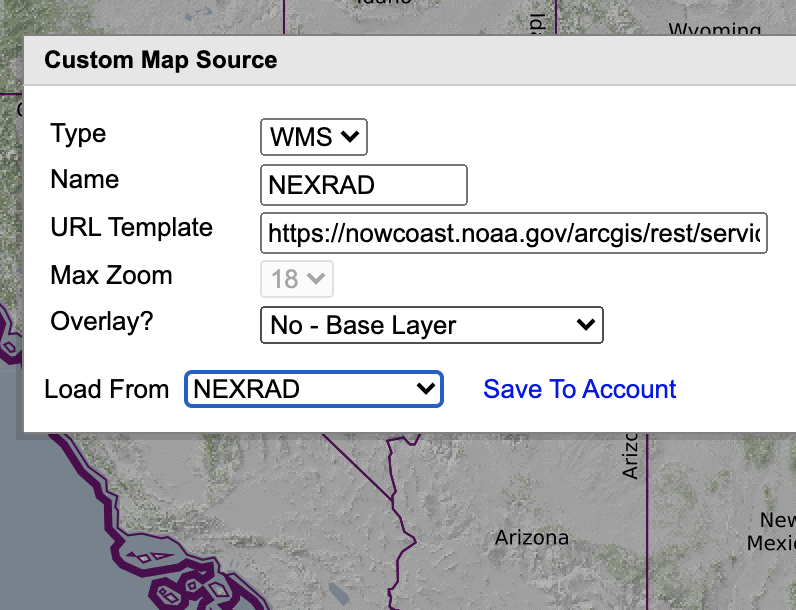 The layer NEXRAD was selected from the previous screen and not the other fields in the edit box are filled with information respresenting that layer